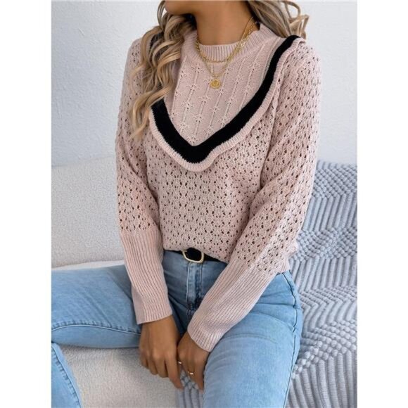 Hollow-Out Knit Top with Contrast Trim - Picture 11 of 16